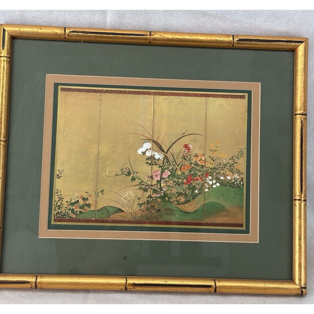 Framed Double Matted Japanese Folding Screen Painting Of Flowers 16x13